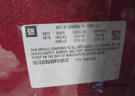 2016 Chevrolet Malibu Hybrid z USA, uszkodzony, nr VIN 1G1ZJ5SU2GF318512